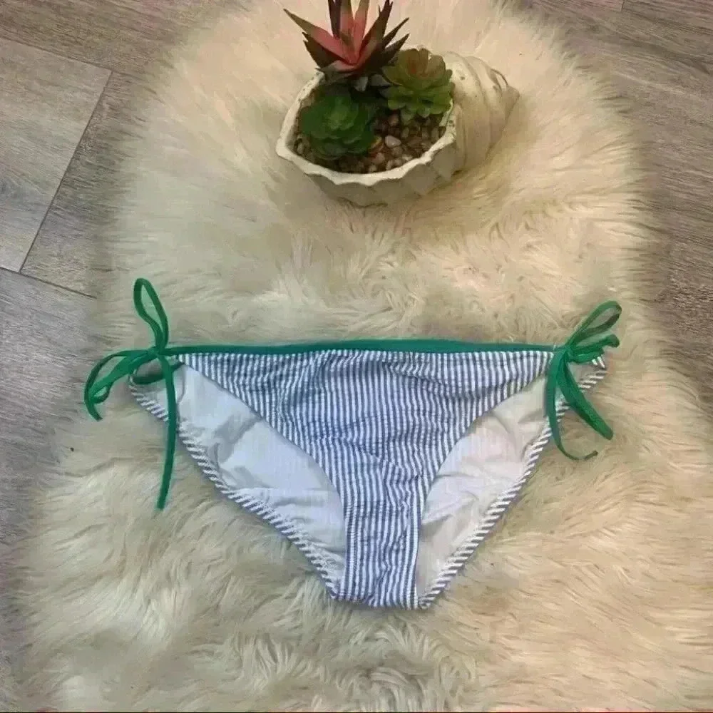 J. Crew blue seersucker w/ green tipped tie sides bikini swim bottoms Sz xxl